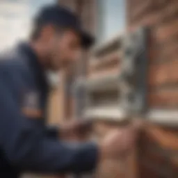 A close-up view of a pest control technician examining a residential property for signs of infestation
