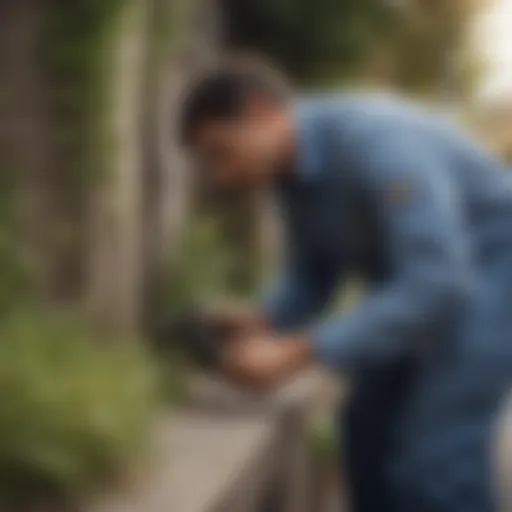 A professional pest control technician examining an area for pest activity.