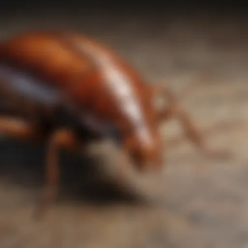 A close-up view of a cockroach on a surface, highlighting its intricate features.