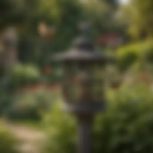 An array of bird deterrent devices installed in a garden setting to showcase various strategies.