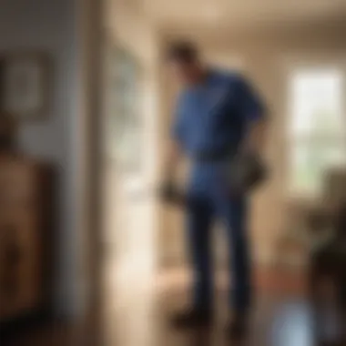 A professional pest control technician inspecting a home