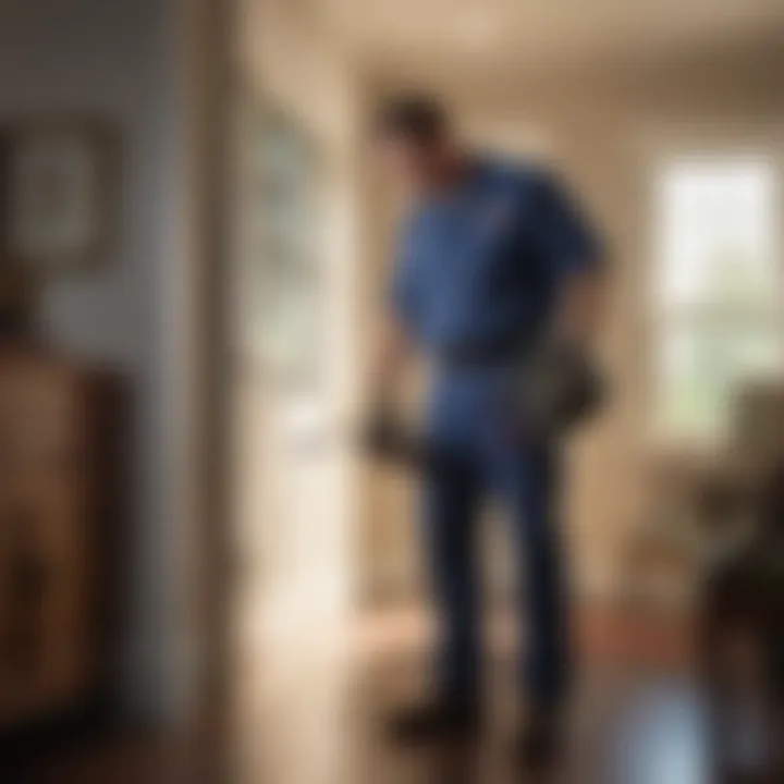 A professional pest control technician inspecting a home