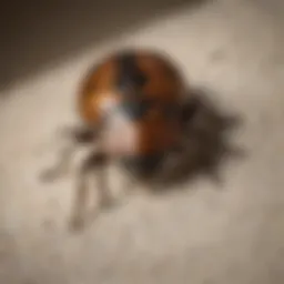 Close-up view of a carpet beetle on a fabric surface