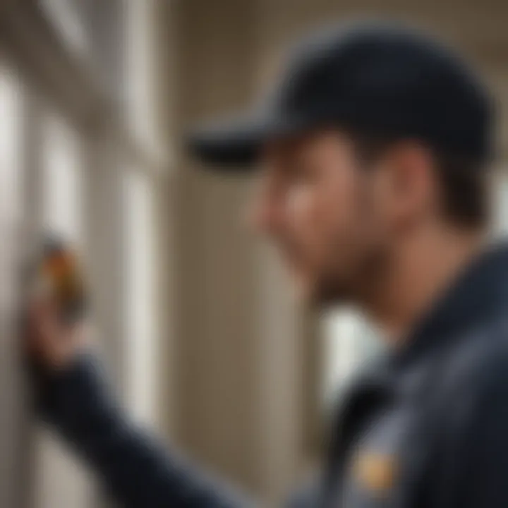 A close-up view of a pest control technician inspecting a residential property in Smyrna, GA