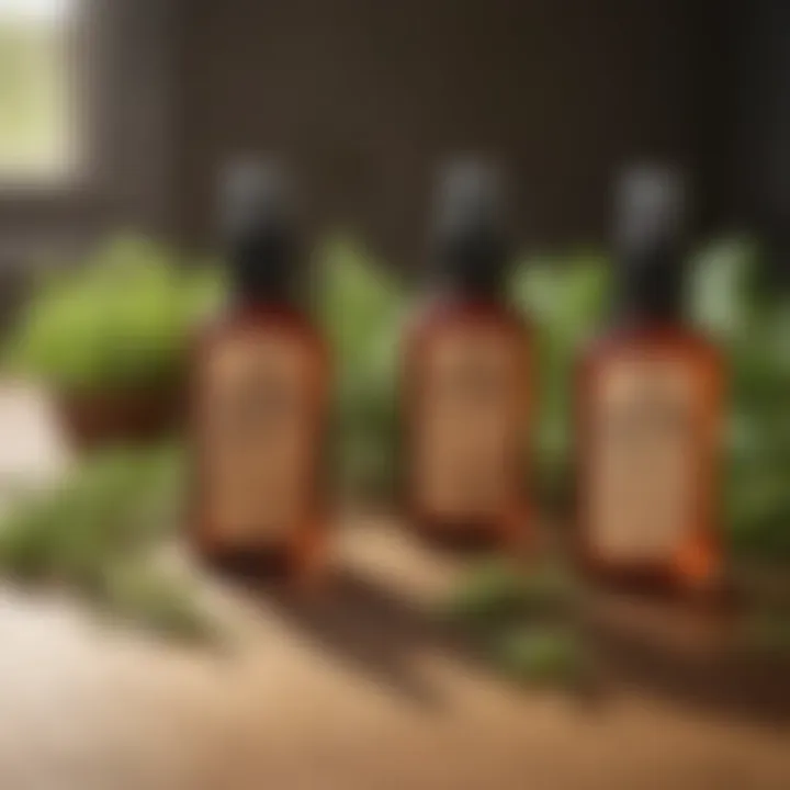 Natural pest repellents made from herbs displayed on a wooden table.