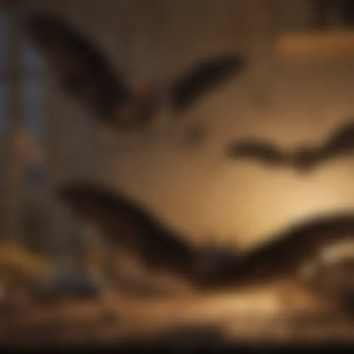 A peaceful night scene depicting bats in flight
