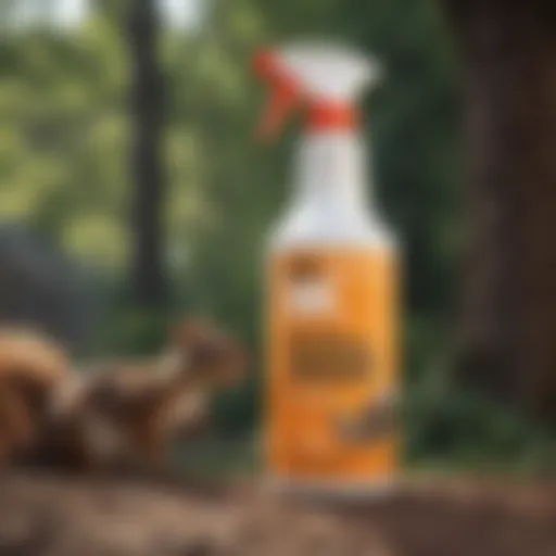 Detailed view of a squirrel repellent spray bottle with vibrant label