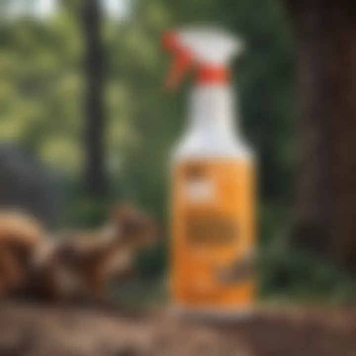 Detailed view of a squirrel repellent spray bottle with vibrant label