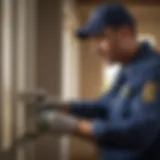 A close-up of a pest control technician inspecting a residential property for pests