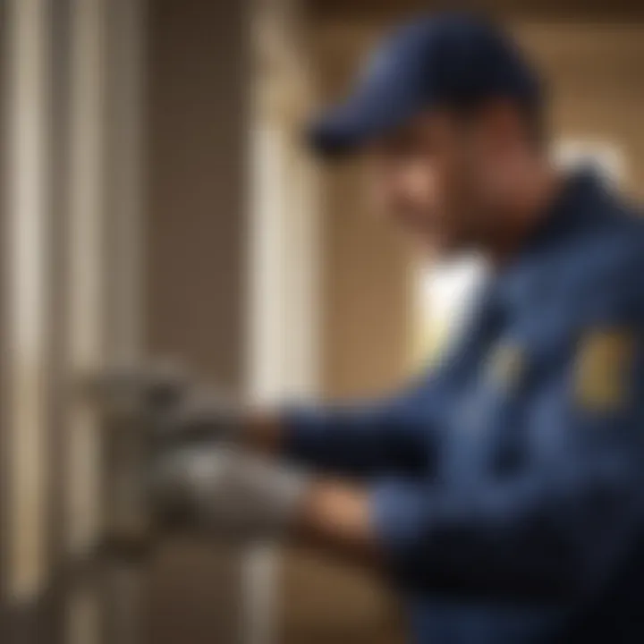 A close-up of a pest control technician inspecting a residential property for pests