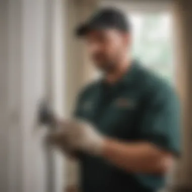 Close-up of pest control technician inspecting a home