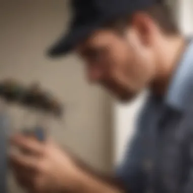 A professional pest control technician performing an inspection