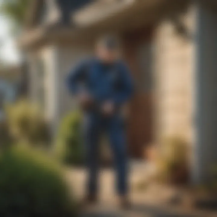 A pest control technician inspecting a residential area