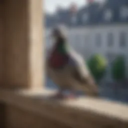A detailed view of a pigeon perched on a ledge