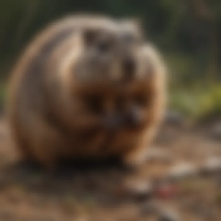 Close-up of a groundhog inspecting bait