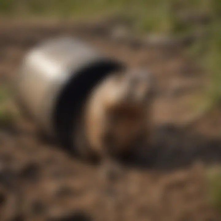 Groundhog trap positioned near a burrow