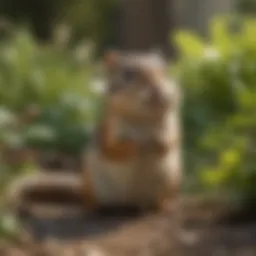 A close-up of a chipmunk in a garden setting