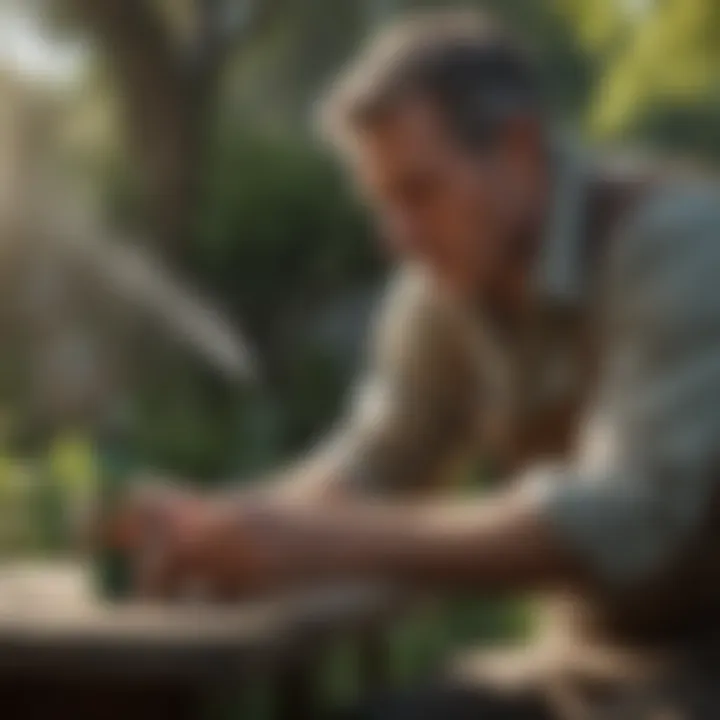 A person applying fly spray in an outdoor setting