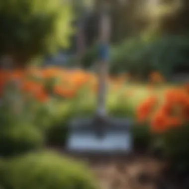 Close-up of a yard maintenance tool next to a flower bed