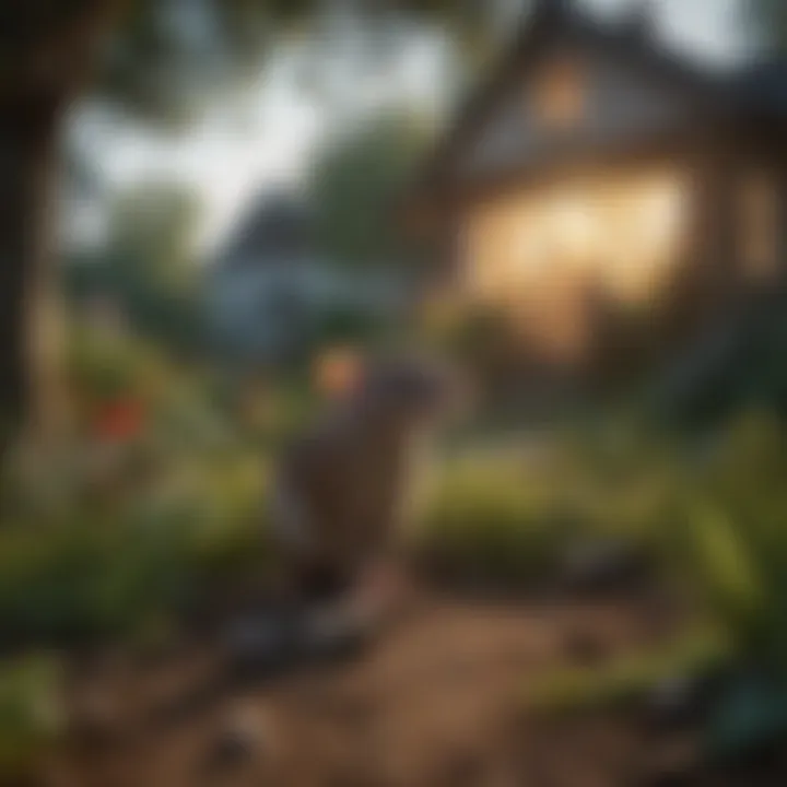 A serene garden at dusk with wildlife monitoring tools in place