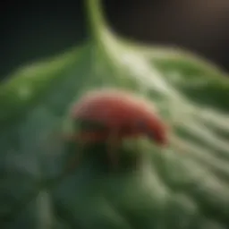 Close-up view of clover mites on a leaf