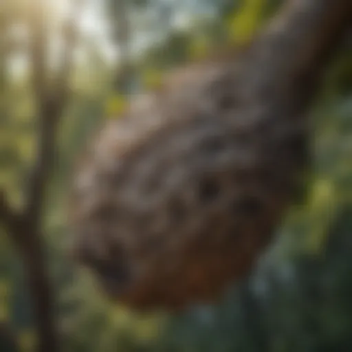 A close-up view of a hornet nest hanging from a tree branch