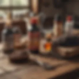 A variety of mole control products displayed on a wooden table