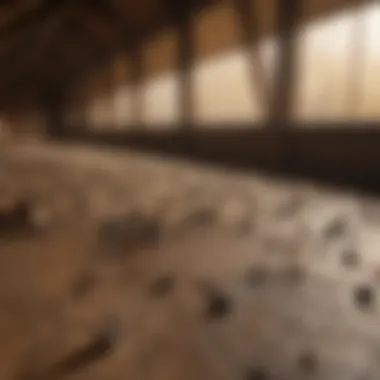 Close-up view of bat droppings in an attic, indicating presence of bats.