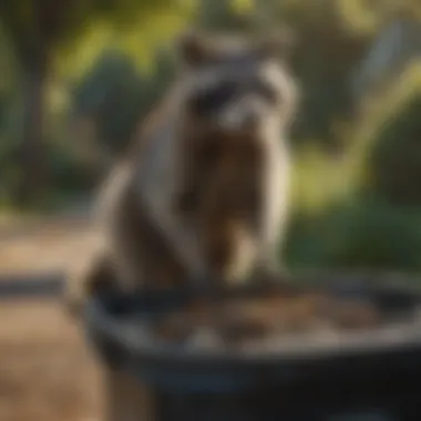 Homeowner securing trash bins against raccoons