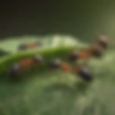 Close-up view of white footed ants on a leaf