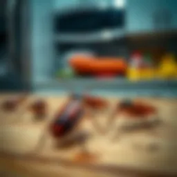 Close-up view of German cockroaches in a kitchen environment