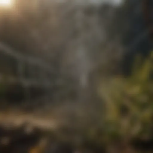 A close-up of a spider web glistening in the sunlight