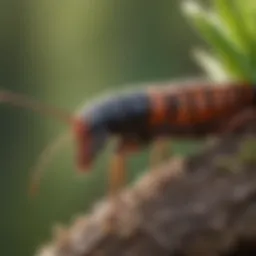 Close-up of an earwig in its natural habitat, showcasing its distinctive pincers.