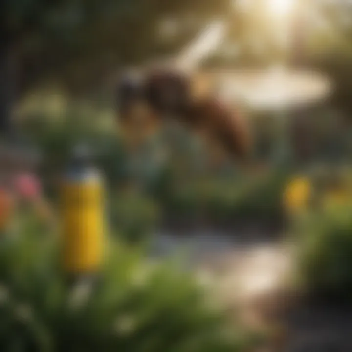 Chemical insect spray being applied in a garden.