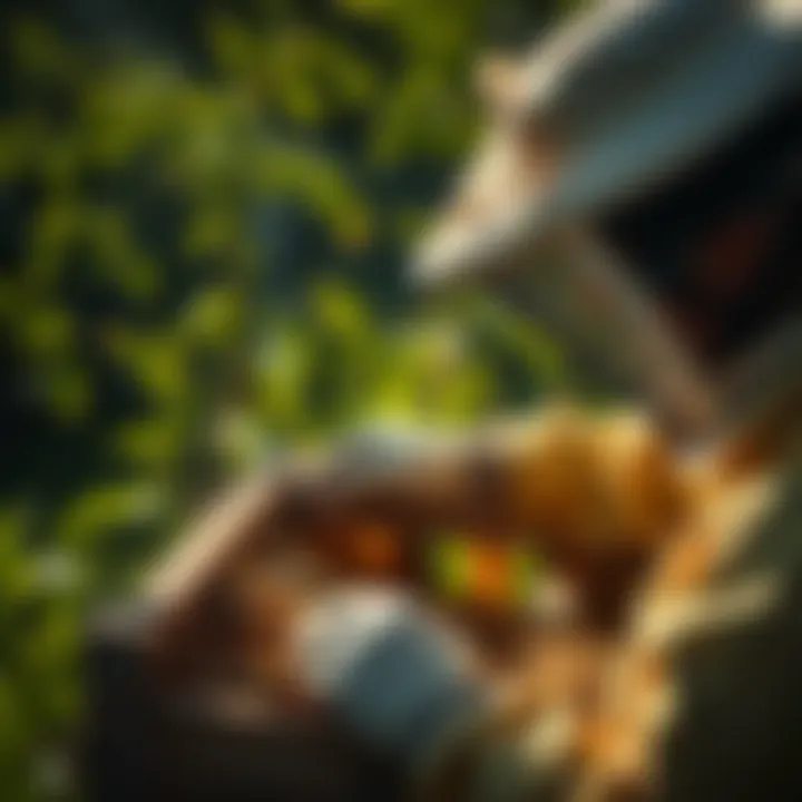 Beekeeper inspecting a hive filled with honeycombs