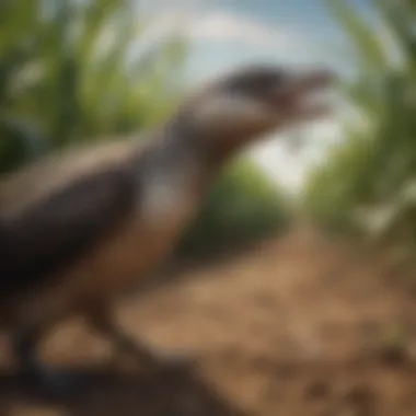 A snake bird catching a pest near agricultural crops.