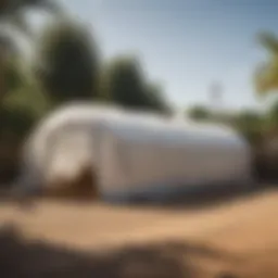 Fumigation setup with tarpaulins in a residential area