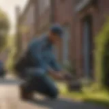 Pest control technician applying treatment in a residential area