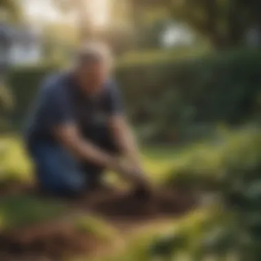 A homeowner applying mole poison in a garden
