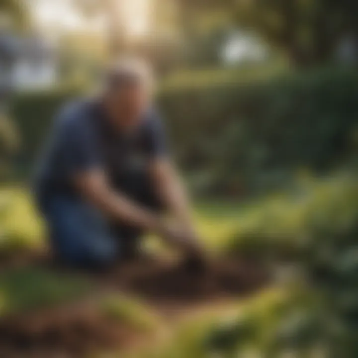 A homeowner applying mole poison in a garden