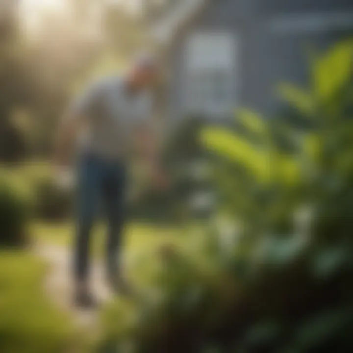 A homeowner applying stink bug repellent in their garden