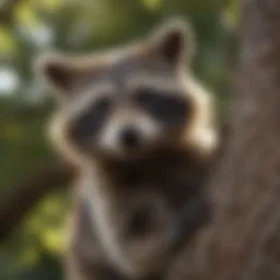 Raccoon perched on a tree branch observing its surroundings