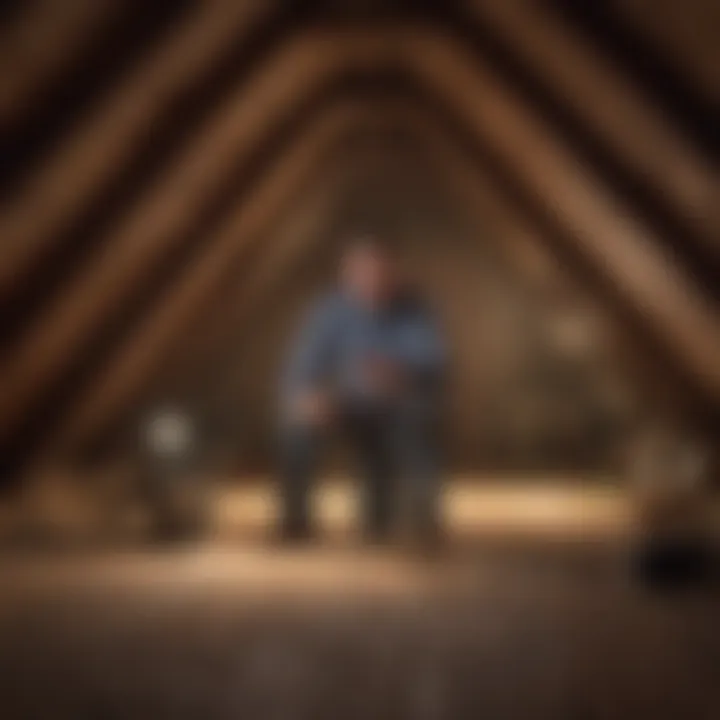 A homeowner inspecting their attic with a flashlight.