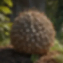Close-up of a wasp nest in a garden