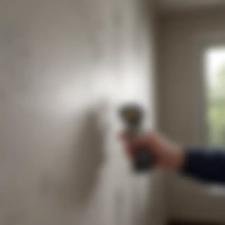 A homeowner applying spider spray in a corner