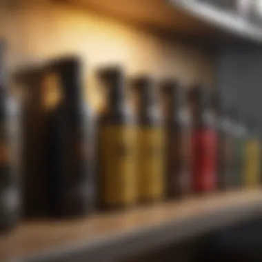 Various spider sprays lined up on a shelf