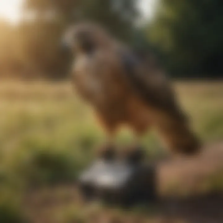 Detailed view of an imitation hawk bird scarer in a field