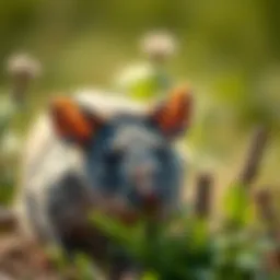 Trained rat sniffing for landmines in a field