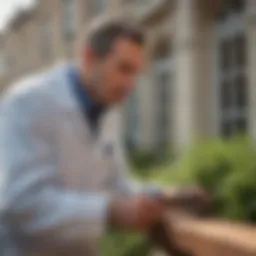 Close-up of a pest control technician examining a residential area for pests