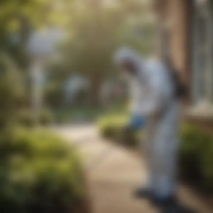 A professional pest management technician applying a chemical treatment in a residential area